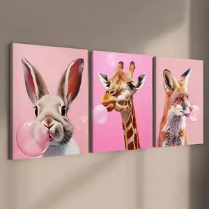 3-count wooden frame canvas, pink cute pet bubble-blowing three-piece decorative poster, perfect living room and bedroom decoration, Modern Home Decor, fashionable family poster, modern wall art