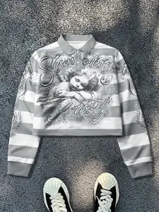 American Street Style Angel Print Round Neck Fitted Long Sleeve Hooded Sweatshirt, Trendy Casual Short Cropped New Arrival, Unisex Fashion Clothing