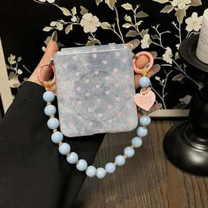 Retro Denim Love Heart Pattern Phone Case with Beads Bracelet Chain for Samsung Galaxy Z Flip7 Zflip6 Flip5 Shockproof Cover