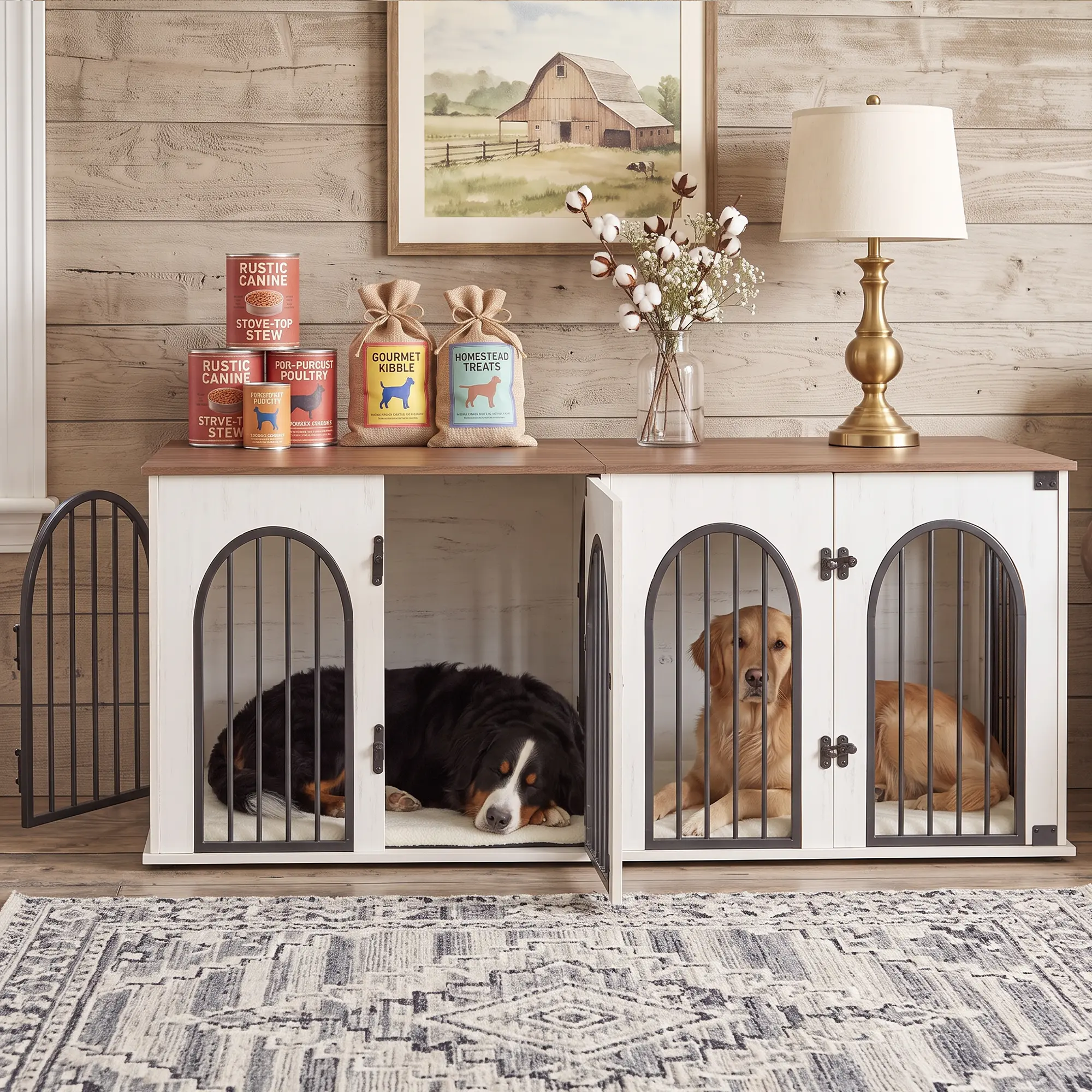 Hzuaneri 71-inch (approx. 180.3 cm) dog crate furniture, suitable for 2 dogs, heavy-duty indoor dog bed TV stand, XL wooden dog crate with dividers, suitable for medium and large dogs, end table dog box with cushion