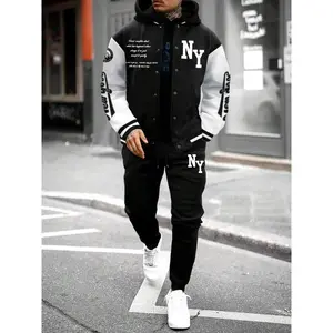 Men's Letter Print Baseball Jacket & Sweatpants Two-piece Set, Casual Regular Fit Baseball Collar Long Sleeve Outerwear & Jogger Pants for Spring & Fall, Men's Outfits for Daily Wear