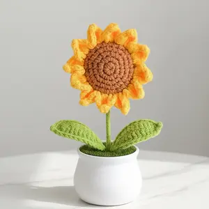 Crochet Flowers Artifical Sunflower for Office Desk Car Dashboard Decor Motivational Gifts for Women Handmade Knitted Flowers Birthday Christmas Party Home Decoration (Sunflower)