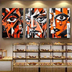 3PCS/set Frameless Canvas Wall Art Set - Abstract Face Design Orange Geometric Line Portrait Posters, Waterproof Canvas Artwork for Living Room Decoration, Modern Home Decor