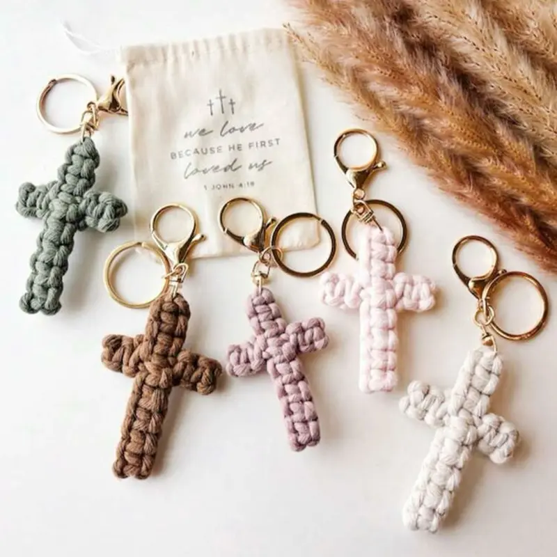 Handmade Look Unisex Macrame Cross Keychain, Cross Shape Fashion Accessory for Daily Use