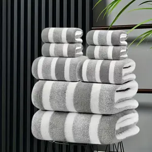 8 Piece Microfiber Towel Set, Ultra Soft Quick Dry Bath Towels Set, Highly Absorbent Bathroom Towels Grey Striped