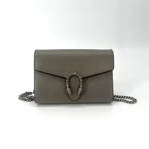Pre-owned GUCCI Leather Wallet on Chain Calfskin Mini Dionysus in Dusty Grey Crystal Encrusted Tiger Head