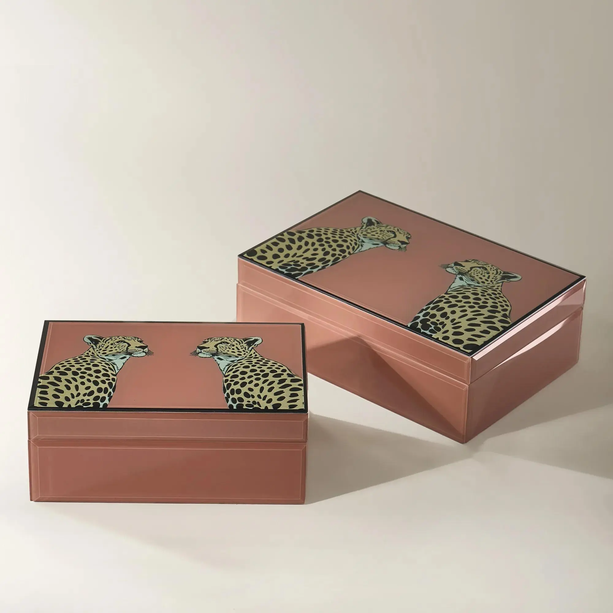 Z Gallerie Duo Glossy MDF Leopard Storage Box Organizer with Sturdy Wood Fiber Core - Home Accessory for Tabletop Vanity, Warm Runway-Inspired Modern Room Decor