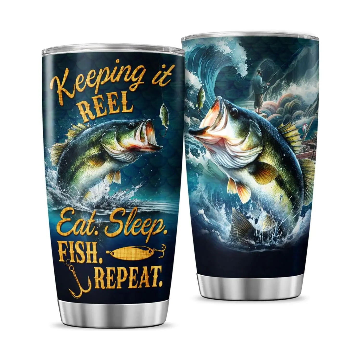 Fishing Lover Gift 20oz Tumbler, Eat Sleep Fish Repeat Cup with Largemouth Bass Artwork, Vacuum Insulated Stainless Steel Travel Mug for Men, Outdoor Adventure, Boat, Lake or River Trip