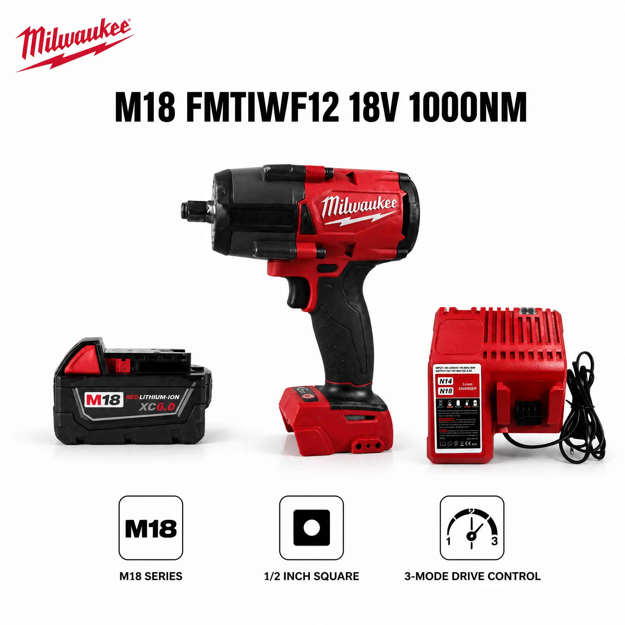 Milwaukee M18 18V Cordless 1/2-Inch Drive Impact Wrench Tool for Automotive Mechanics Heavy Equipment Fleet Maintenance M22 Bolt Fastening Featuring 1000 Nm Nut Busting Torque 3-Speed Control Friction Ring