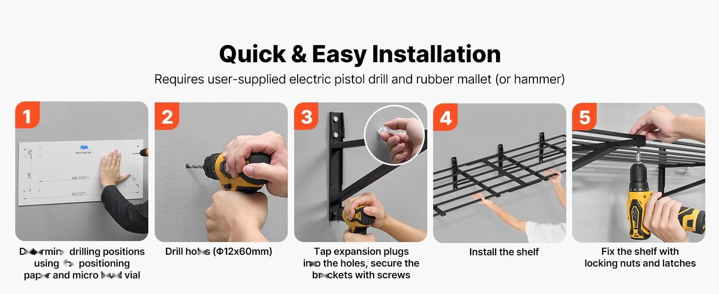 2-Tier Heavy Duty Wall Garage Shelving System, 4-Pack Steel Wall Mounted Shelving Unit, 24 x 72 Inches Per Shelf, Floating Storage Metal Rack For Garage Organization, 1600 Lbs Total Weight Capacity, Black