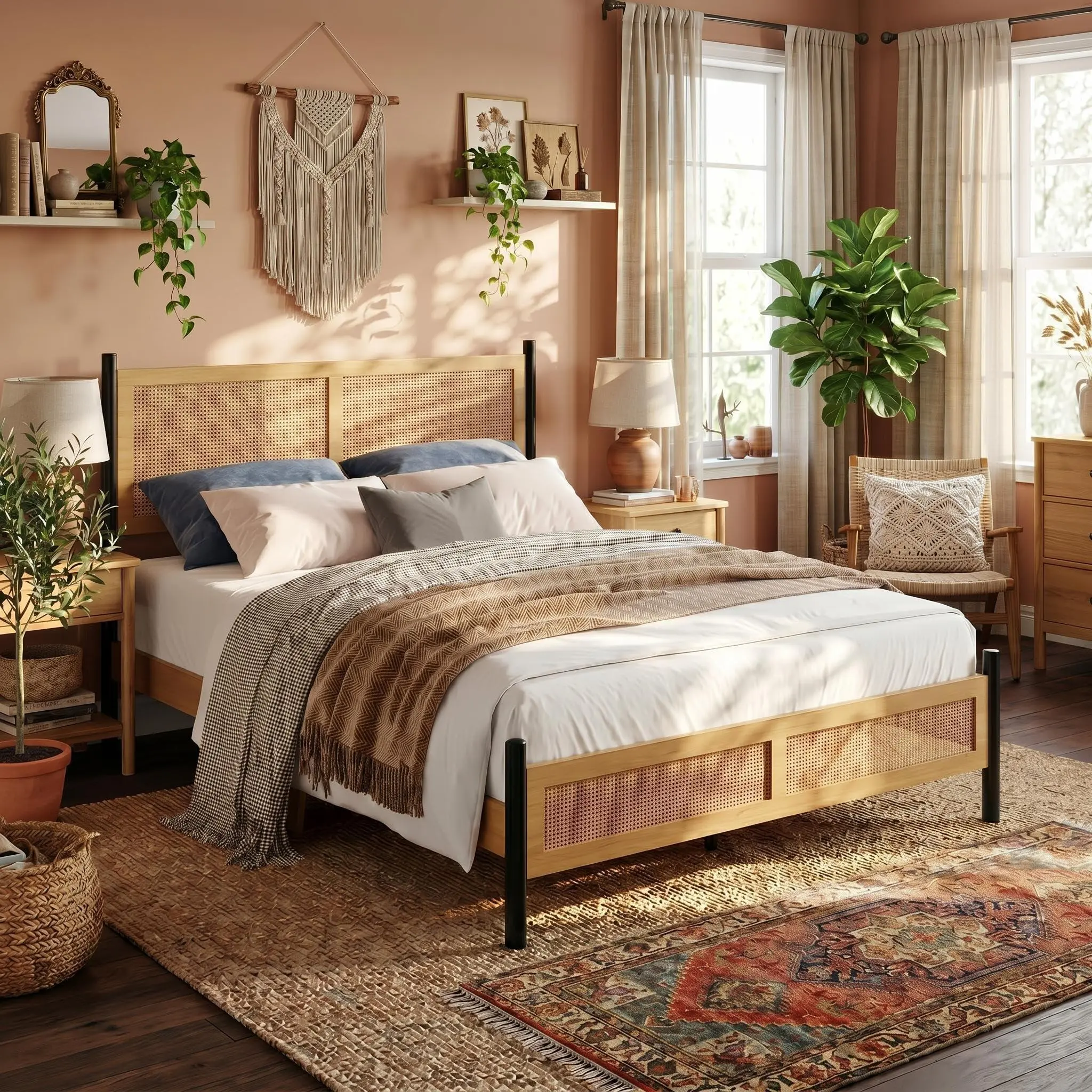 Full Size Rattan Bed Frame with Hand Woven Wicker Headboard, Boho Platform Bed Frame, Under Bed Storage, No Box Spring Needed, Wood Slats, Easy Assembly, Noise Free