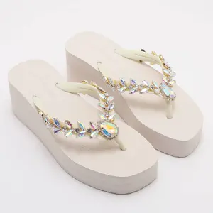 Glittering Rainbow Crystal Platform Flip Flops - Boho Wedge Thong Sandals for Summer Vacation