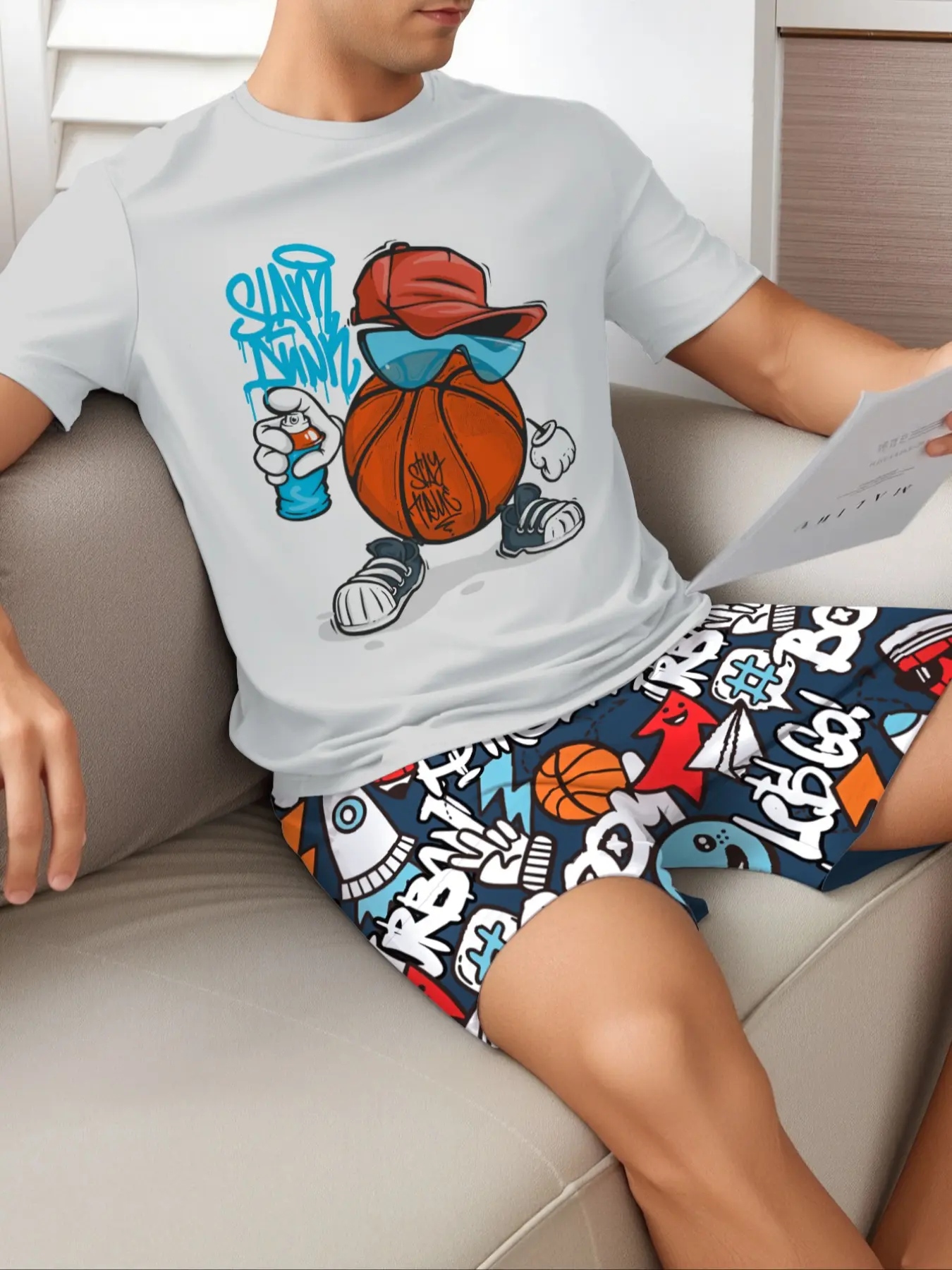 Men's Cartoon Shark Print Tee & Shorts Pajama Two-piece Set, Regular Fit Casual Comfy Round Neck Short Sleeve T-shirt & Shorts PJ Set, Men's Sleepwear Loungewear for Summer Pyjamas, Pajamas For Adults, Nightwear Sleepwear