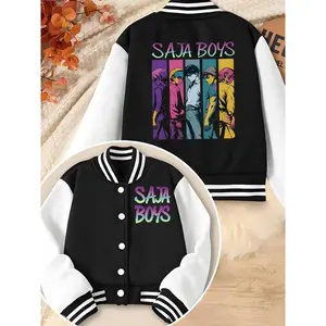 Boys' Kpop Devil Boy Group Cartoon Print Baseball Jacket, Comfortable Casual Sports Coat, Spring & Fall Fitted Outerwear