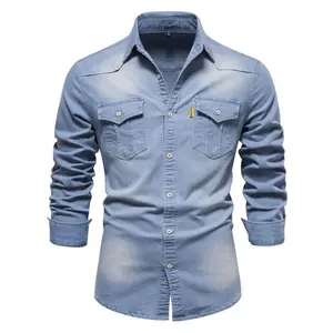 Fashion Autumn Cotton Denim Shirts Men Casual Long Sleeve Quality Cowboy Shirt Solid Color Slim Elegant Rhinestone Button-Up Shirt