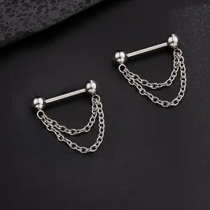 Oufer 14G Threadless Push Pin Double Chain Style Nipple Ring in 316L Stainless Steel Bold Aesthetic Dangle Design for Versatile Style