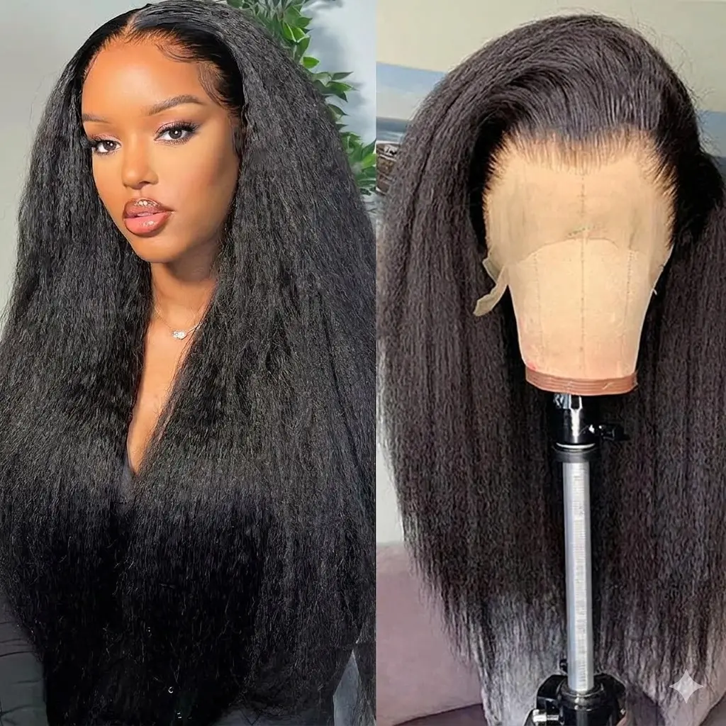 13x6 Kinky Straight Lace Front Wigs Human Hair for Women, 180% Density HD Transparent Lace Frontal Wig Pre Plucked with Baby Hair, Glueless Yaki Straight Brazilian Virgin Hair Wigs Natural Hairline