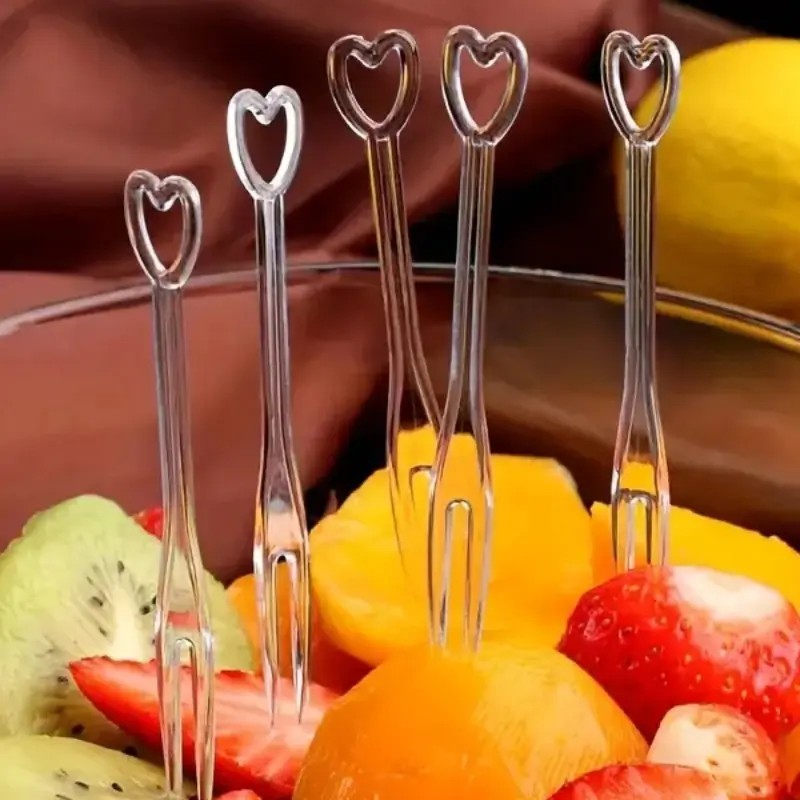 50 Creative Heart-Shaped Forks, Transparent Plastic Fruit Picks, Portable Dessert Forks, Outdoor Camping Picnic Office Home Kitchen Supplies
