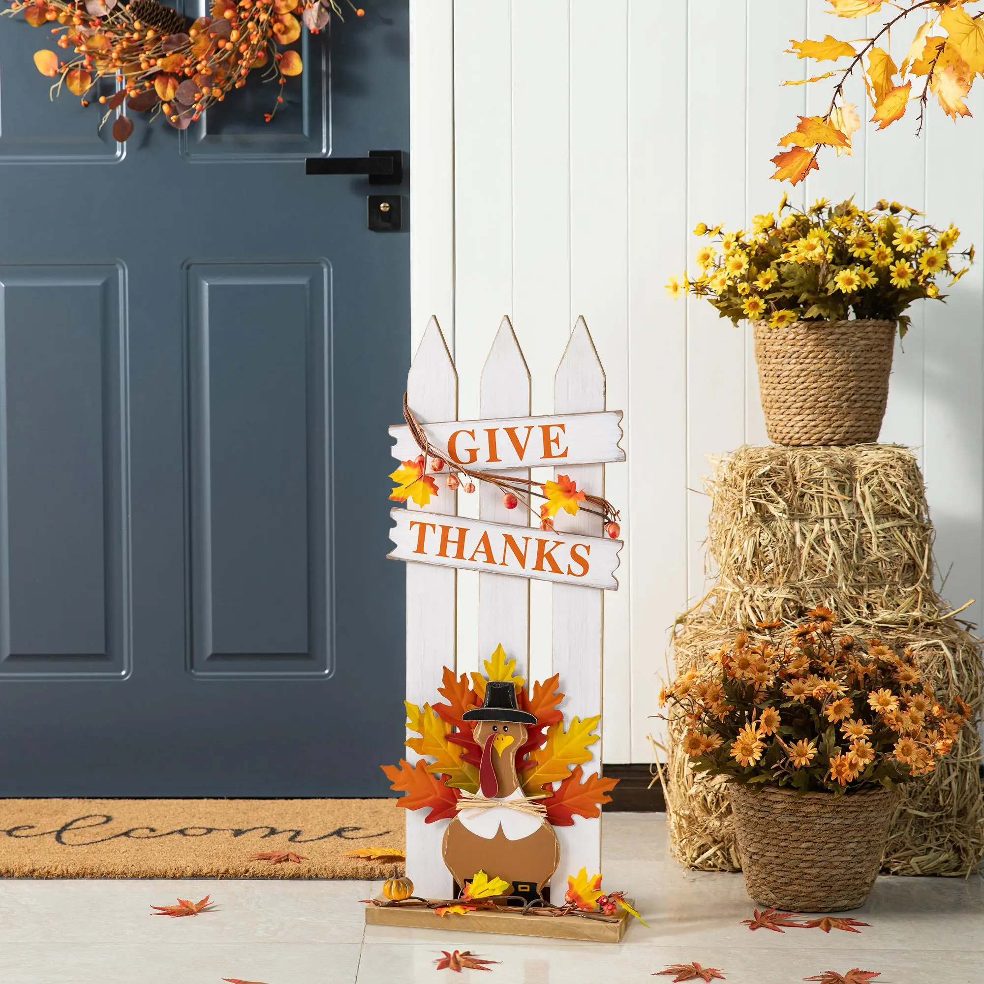 Glitzhome 28"H Classic Wooden Fence Turkey Porch Sign Frame, KD Assembly Easy Install Knock-Down Festive Thanksgiving Home Decor