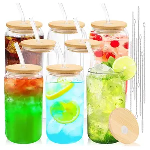 Glass Cups with Bamboo Lids and Straws 8 Set 16oz Reusable Iced Coffee, Drinking Jars for Smoothie Boba Soda Tea Gift Drinkware Birthday