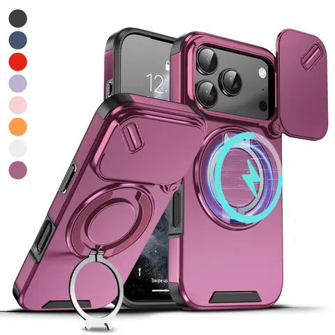 ROTUNOE Magnetic Stand Case for iPhone 18 Pro Max 17 16 15 14 13 Pro Max with Rotatable Ring Holder Stand, compatible with MagSafe, Slide Camera Lens Protector Shockproof Cover