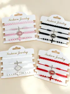 4pcs Adjustable Braided Bracelet Set for Women Vintage Religious Cross Miraculous Medal Bracelets Rhinestone Enamel Stackable Beaded Bracelets Pink Black White Red Fashion Jewelry for Daily Wear Party Gifting Faith Accessories for Ladies