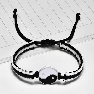 OIDEA Yin Yang Bracelet Set for Couples, Stainless Steel Bagua Tai Chi Braided Rope, Adjustable Matching His Hers Friendship Jewelry, 2 Pcs