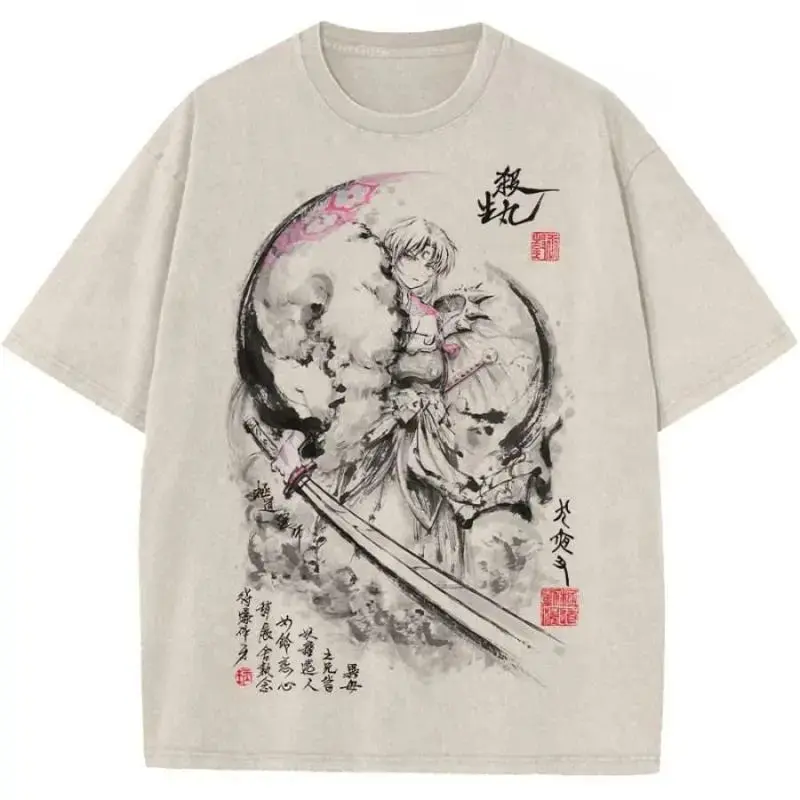 Inuyasha Sesshomaru Anime Shirt Vintage Washed Oversized Heavyweight Cotton Graphic Tee Japanese Streetwear Demon Yokai Retro Y2K Otaku Merch Harajuku Fashion Cosplay Casual Tops Aesthetic Trendy Mens Apparel Anime Lover Gift Cool Clothes