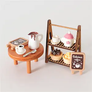 Novelty Dollhouse Decor Set 11pcs Realistic Miniature Accessories Coffee Cup Table Tart Model Spoon Wooden Shelf Gingerbread Men Lollipops Colorful Drinks for Dollhouse Table Decoration