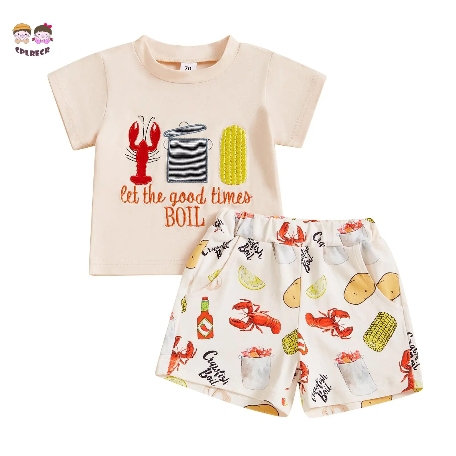Baby Summer Outfit, Short Sleeve Crew Neck Embroidery T-shirt with Lobster Print Shorts Clothing Set