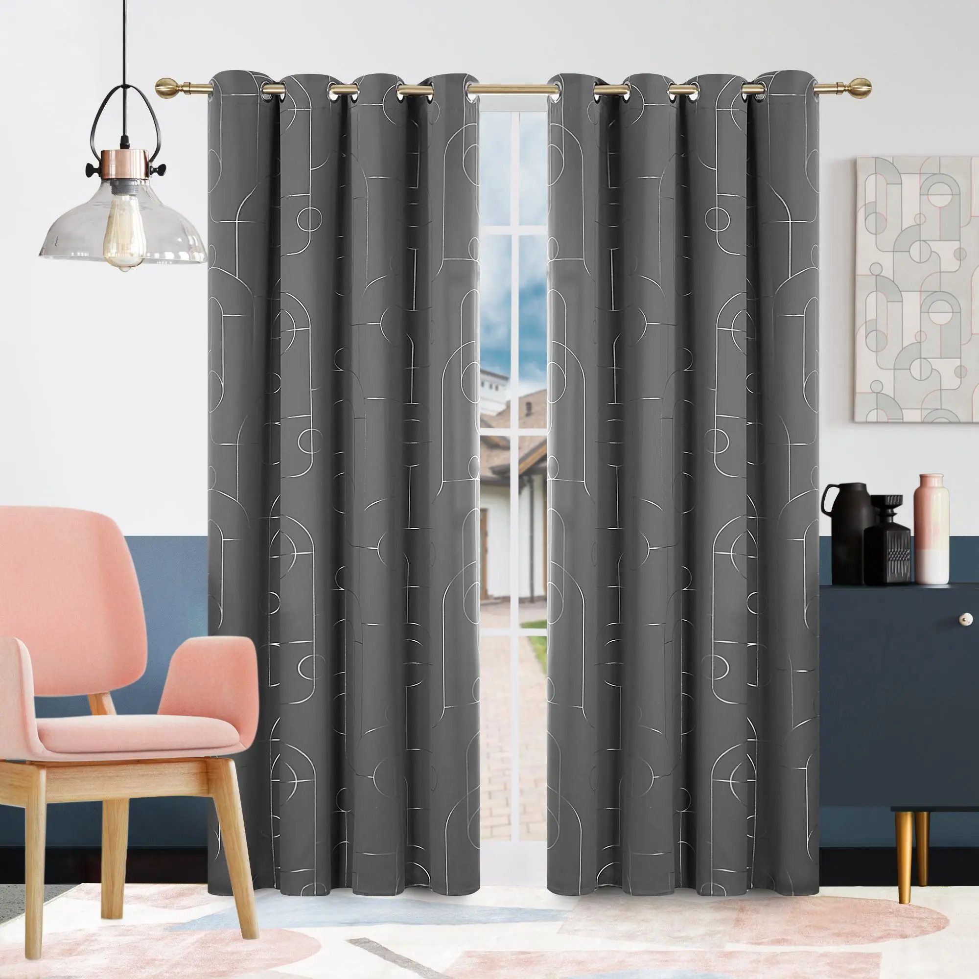 Deconovo Blackout Curtain Panels, Silver Foil Curved Circle Design Grommet Top, Darkening Bedroom Window Curtains for Home Decoration, Blackout Bedroom Curtains