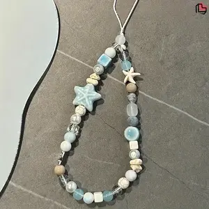 Ocean Themed Beaded Phone Chain, Creative Anti-lost Phone Lanyard, Fashion Phone Strap for Women & Girls, Decoration Accessories, Phone Sling, Light Wash, Phone Wrist Strap, Phone Charms