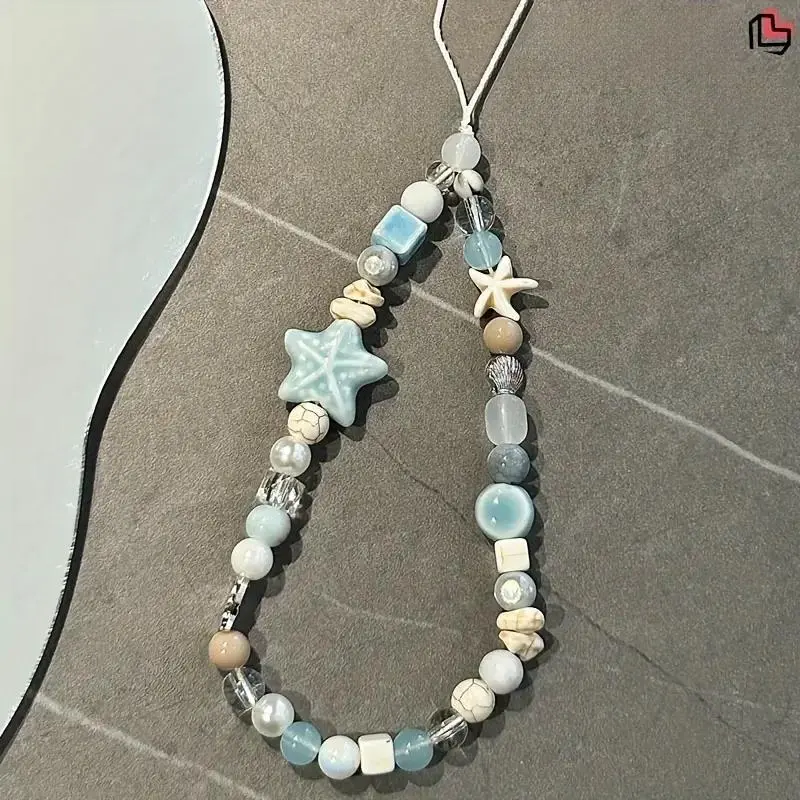 Ocean Themed Beaded Phone Chain, Creative Anti-lost Phone Lanyard, Fashion Phone Strap for Women & Girls, Decoration Accessories, Phone Sling, Light Wash, Phone Wrist Strap, Phone Charms, Phone Leash