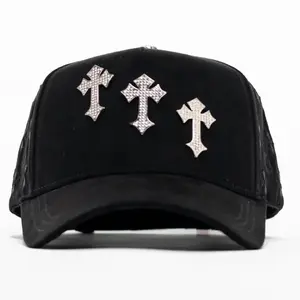 Robert Hattrick Limited Black Snapback Cap, Triple Cross Rhinestone Baseball Hat, Latino Streetwear Curved Brim, Adjustable Urban Fashion Style for Men Women