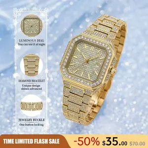 Luxurious Women’s Watch with Full Diamond Setting – Square Gold Dial, Sparkling Fashionable Design, Luminous Display, Waterproof Adjustable Strap