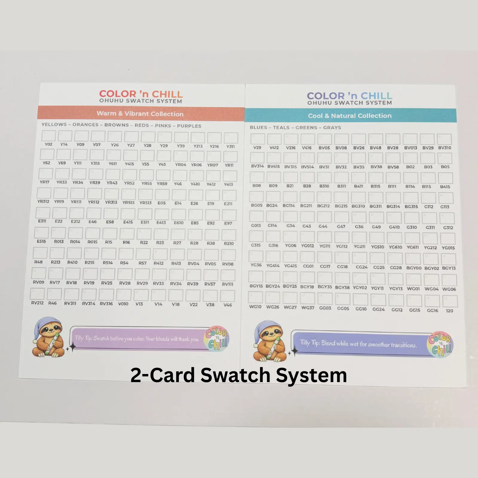 Ohuhu Color ’n Chill Swatch System (2-Card Set) - Office Stationery Marker Tracker, Clean Layout Chart for 216 Honolulu Colors Collection, Color Chart