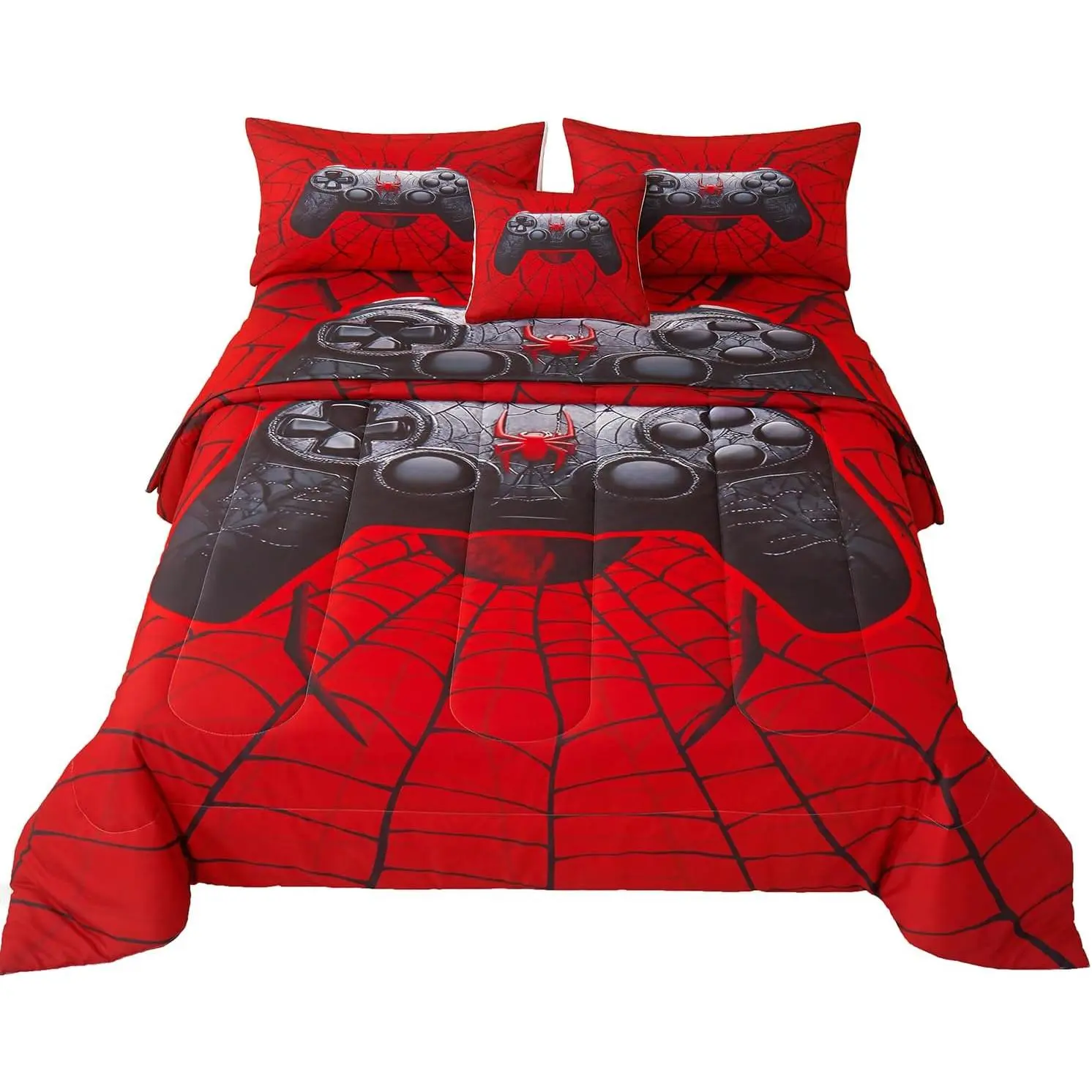 Boys' Red Synthetic Microfibre Gamer Bedding Set - 6-Piece Durable Modern 3D Pattern Ease Care Set, Cool Iron Compatible, Includes Comforter, Flat Sheet, Fitted Sheet, Throw Pillow Cover, Pillow Shams
