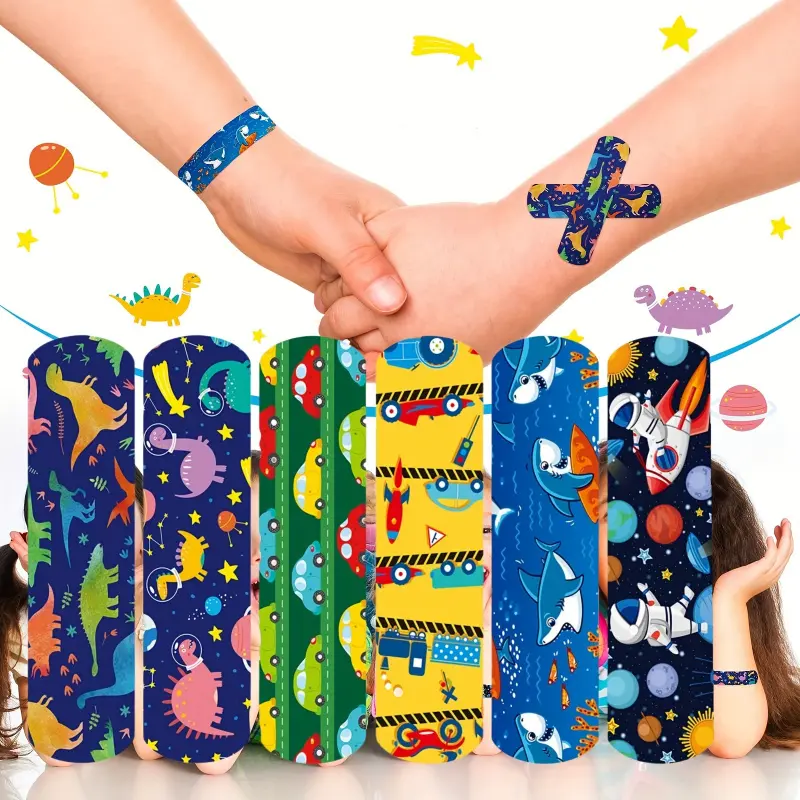 18/30/42 Pcs Outdoor Waterproof Cartoon Adhesive Bandages - 6 Unique Designs (Dinosaur, Rocket, Whale, Astronaut) - Self-Adhesive Breathable Durable ABS/PC/PE Material Fun Wound Plasters, Colorful Pattern Bandages