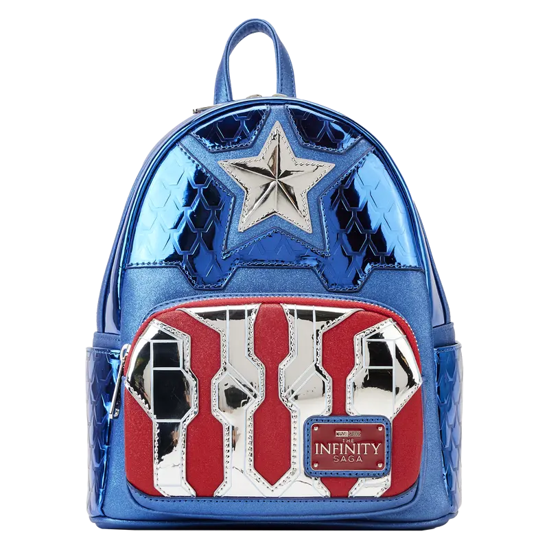 Loungefly Marvel Captain America Cosplay Mini Backpack, Metallic Vegan Leather with Glitter Finish and 3D Star Applique
