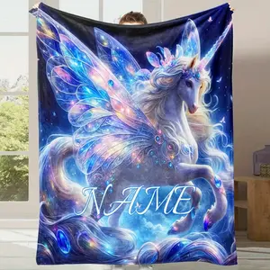 Custom Text Unicorn Blanket | Gorgeous Dreamy Blue Design | Soft Comfortable Multi-Purpose Throw Gift