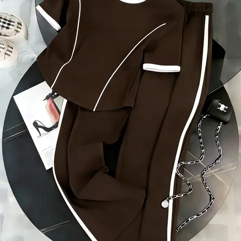 Women's Fashion Casual Everyday Two-Piece Set, Tomboy Femme Outfits, Slim-Fit Colorblock Round Neck T-Shirt and Wide-Leg Pants for Spring and Summer, Elegant Daily Wear Clothes Crewneck