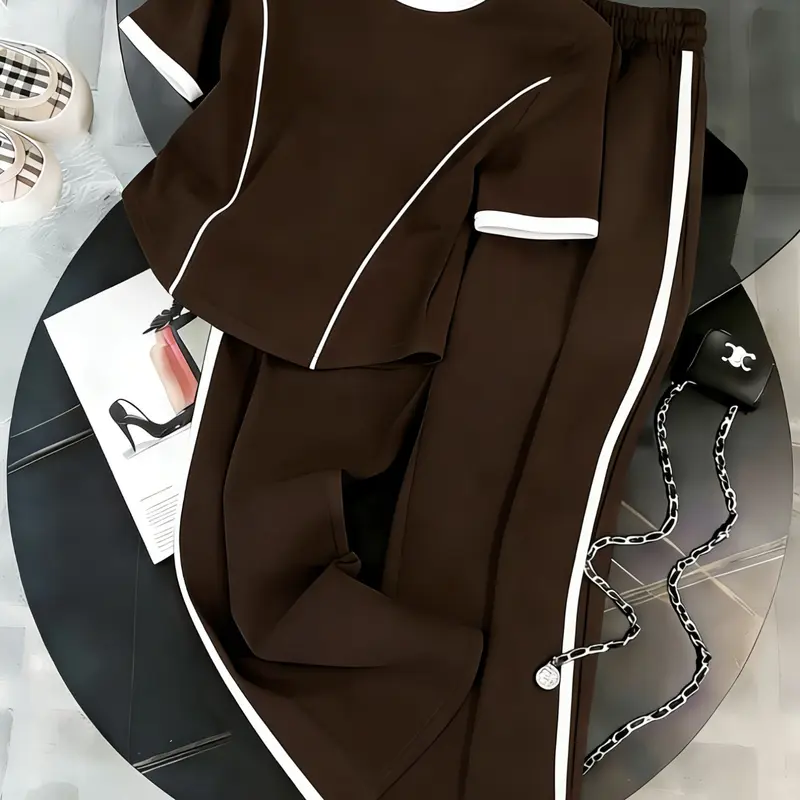 Women's Fashion Casual Everyday Two-Piece Set, Tomboy Femme Outfits, Slim-Fit Colorblock Round Neck T-Shirt and Wide-Leg Pants for Spring and Summer, Elegant Daily Wear Clothes Crewneck