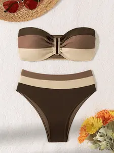 Women's two-piece coffee colored bikini swimsuit strapless fashion quick drying