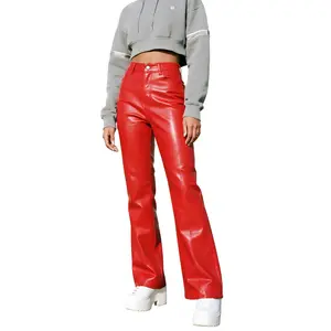 NEW Ruby Red Coated Flare Pants - High Waist Glossy Faux Leather, Stretchy Bootcut for Christmas Parties & Special Events (XS-XL)