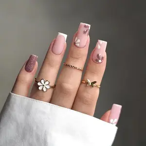 Flower Pattern Fake Nails with Nail File & Tape, 24pcs/set Short Square False Nails for Women & Girls, Effortless Press on Nails Set, Christmas Gift, Nail Art Design