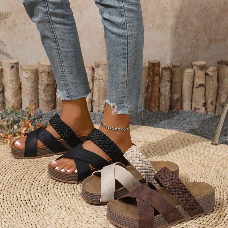 Women's Summer New Flat Heel Thick Soled Sandals, One-Step Slip-On Casual Comfortable Ladies Slippers, PU Leather Upper Material, Open Toe Sandals