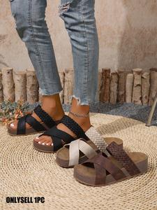 Women's Summer New Flat Heel Thick Sole Sandals, One-Step Slip-On Casual Comfortable Ladies Slippers, PU Leather Upper Material