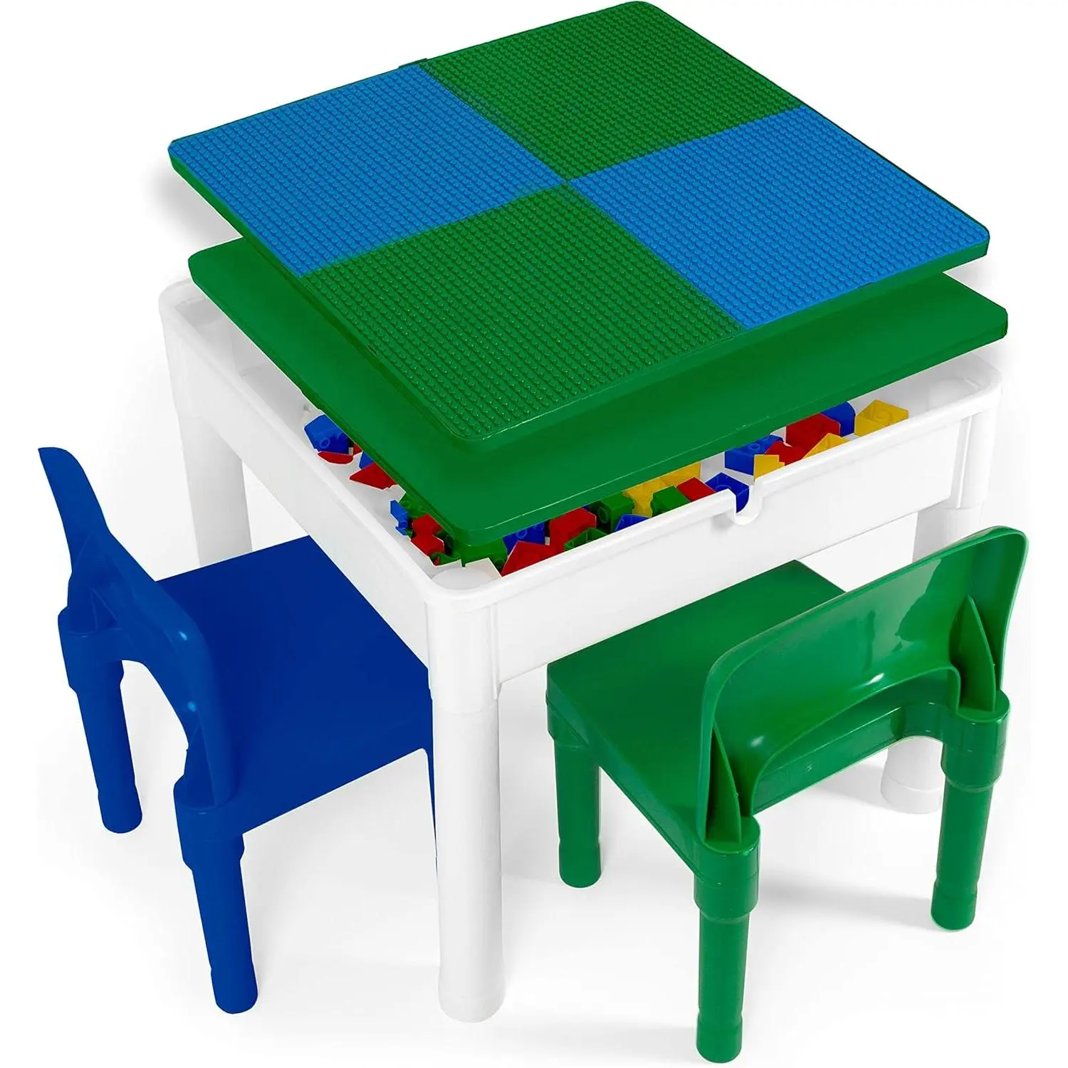 5 in 1  Activity Table and Chair Set - Building Block, Stem, Craft & Sensory Tables for  with 2 Chairs & 25 XL Blocks - Blue and Green