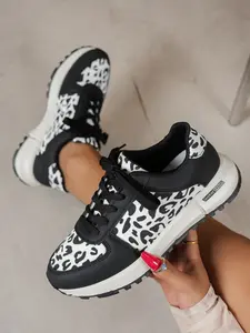 Block Leopard Print Casual Shoes, Laces Fit Foot Shape, Thick Sole Elevates Height, Brand Logo Accent, Versatile Style