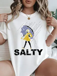Salty Morton Salt Girl Graphic T Shirt, Oversized Y2K Streetwear Tee, Retro Distressed Umbrella Print Casual Top, Funny Sassy Quote Summer Tshirt, Vintage Salt Lover Gift, Round neck